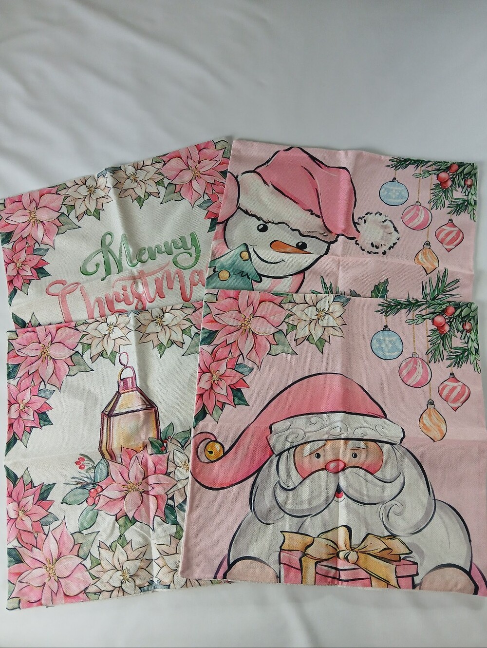 New Set Of 4 Pink Christmas Throw Pillow Covers Santa Snowman Poinsettias